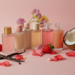 Pastel fragrance bottles with rose, strawberry, coconut and vanilla