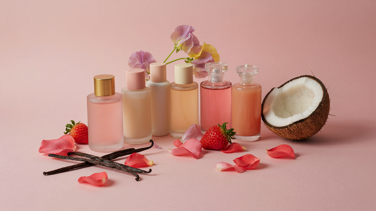 Pastel fragrance bottles with rose, strawberry, coconut and vanilla